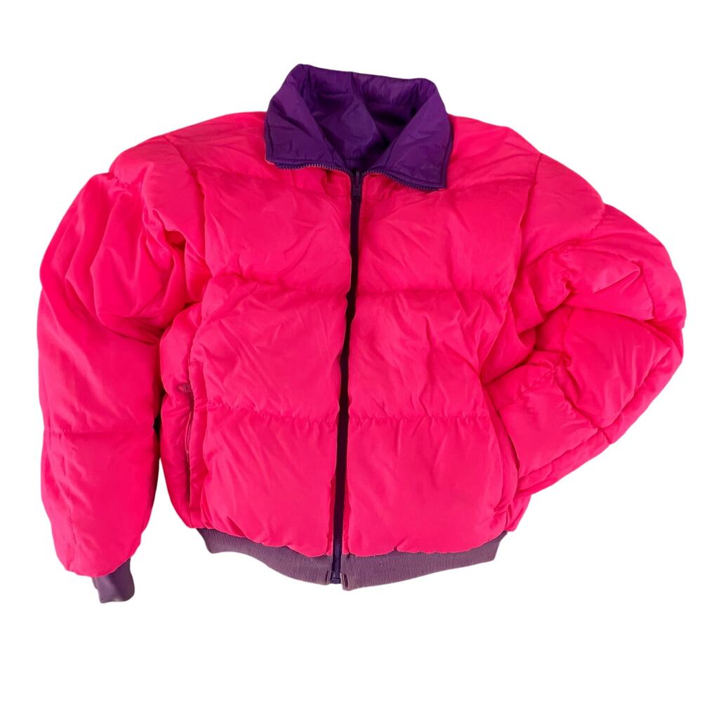 Vintage Columbia Reversible Down Puffer Jacket L Purple Pink 90s Colorblock Coat